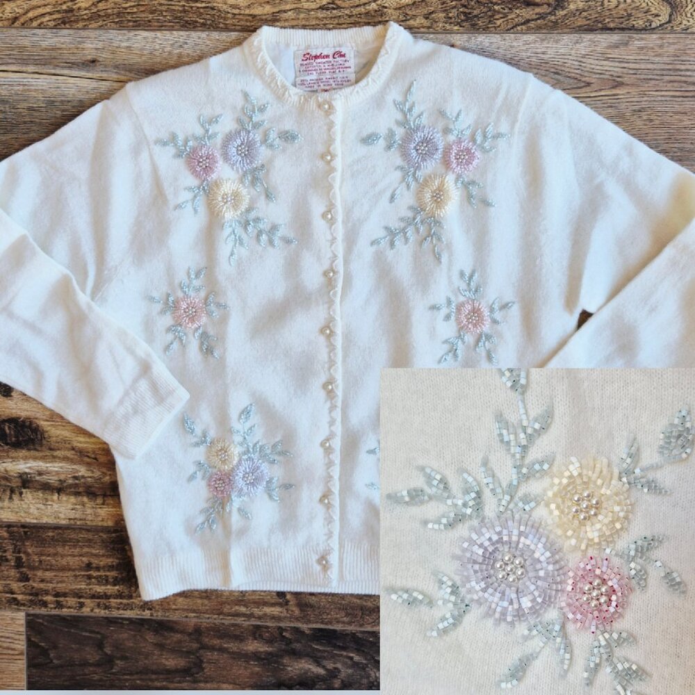 Vintage'60s Stephen Chu Beaded Pearl-Button Rabbit Hair Lamswool Blend Cardigan
